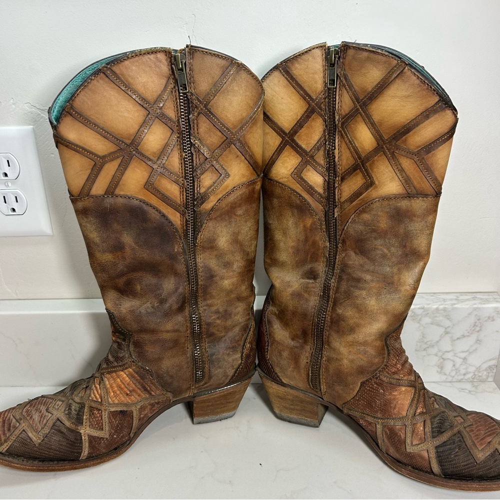 Women’s Corral Honey Lizard Laser Overlay and Lace Up Boots 9M Snip Toe Zip - Picture 5 of 12